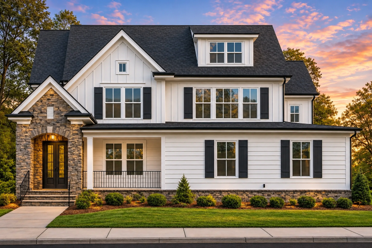 Front elevation of a New American style home featuring board and batten siding, horizontal lap siding, stone-accented entry, and classic modern traditional detailing