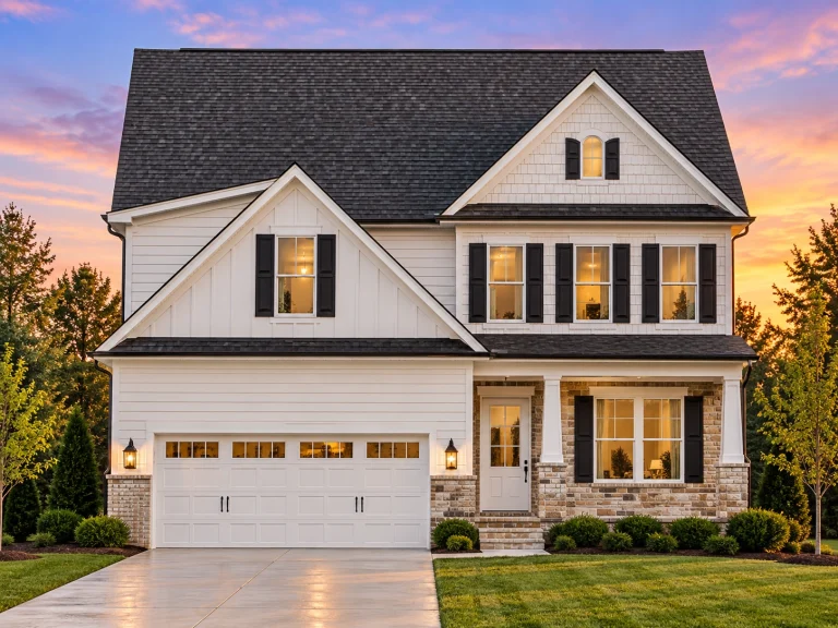 Cottage House Plans 6 Front elevation of a New American style two-story house featuring horizontal siding, shingle gables, stone accents, and an attached garage