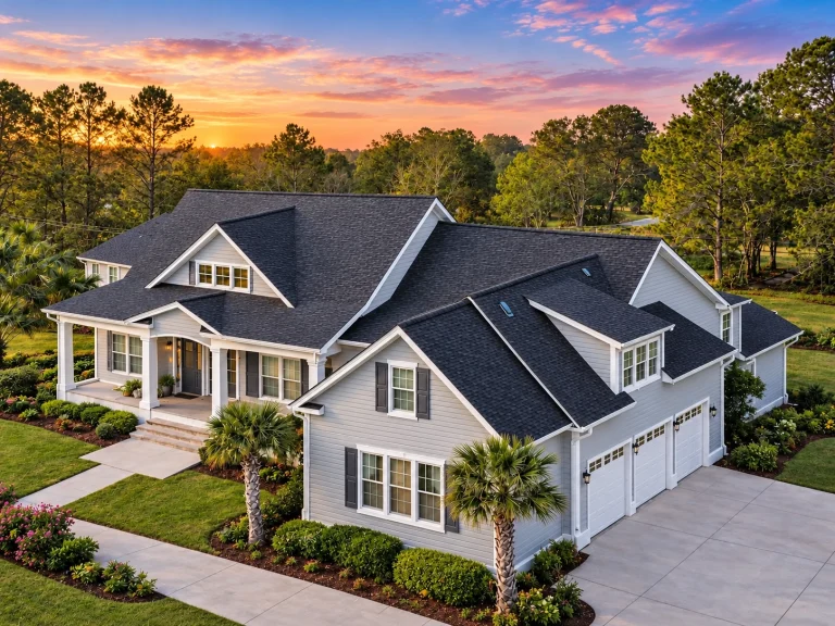 Front elevation of a New American modern traditional house with stone accents, white siding, symmetrical windows, and a covered entry porch
