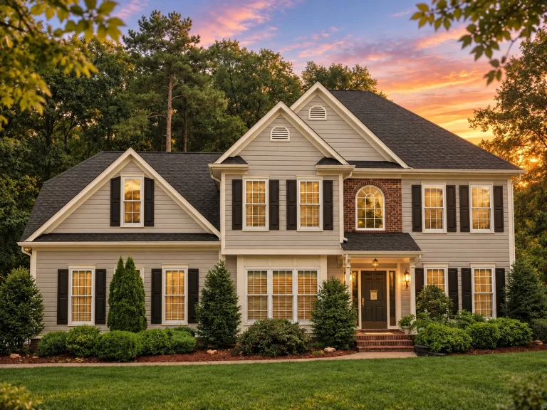 Front elevation of Traditional Colonial style home with horizontal lap siding, black shutters, and symmetrical facade