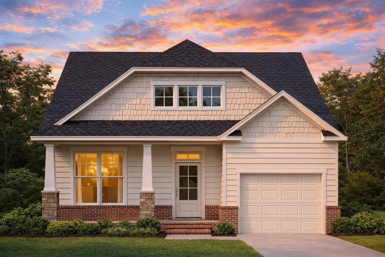 Front elevation of a Craftsman Cottage style home featuring horizontal siding, stone accents, front porch columns, and a compact suburban layout