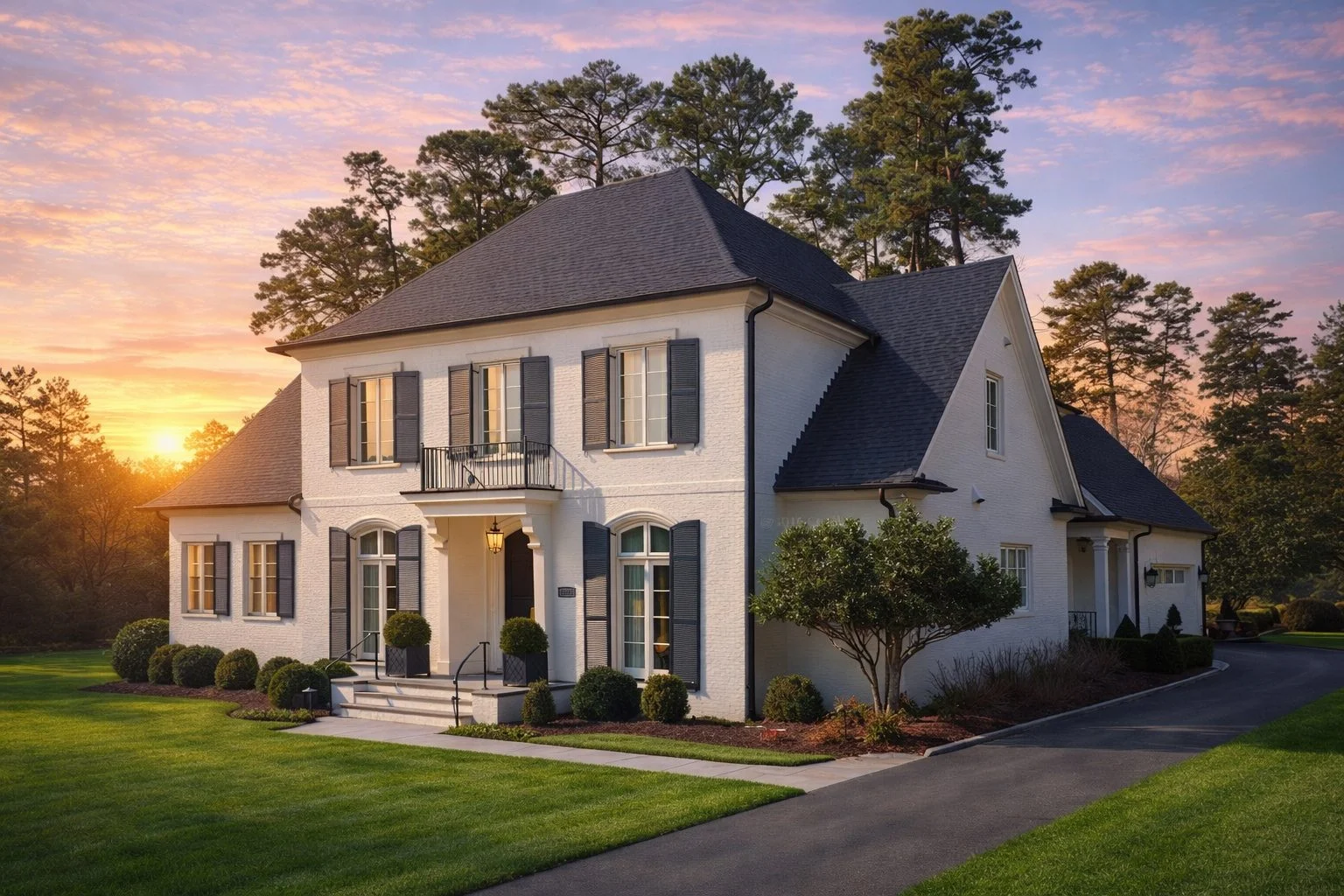 Front elevation of Georgian Colonial style home with painted brick exterior, black shutters, arched entry, and symmetrical windows