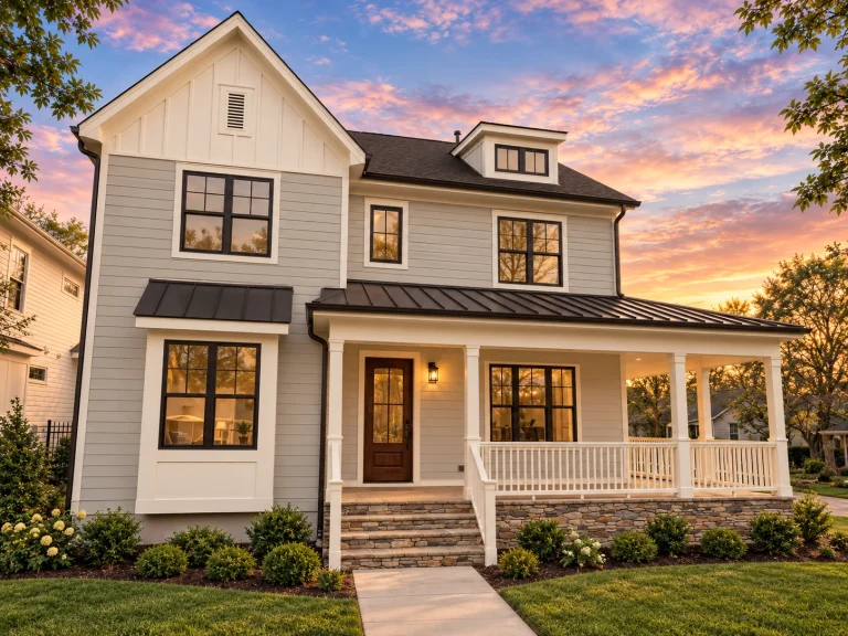 Georgian House Plans 20 Front elevation of a modern farmhouse with white horizontal lap siding, black windows, covered porch, and standing seam metal roof at sunset