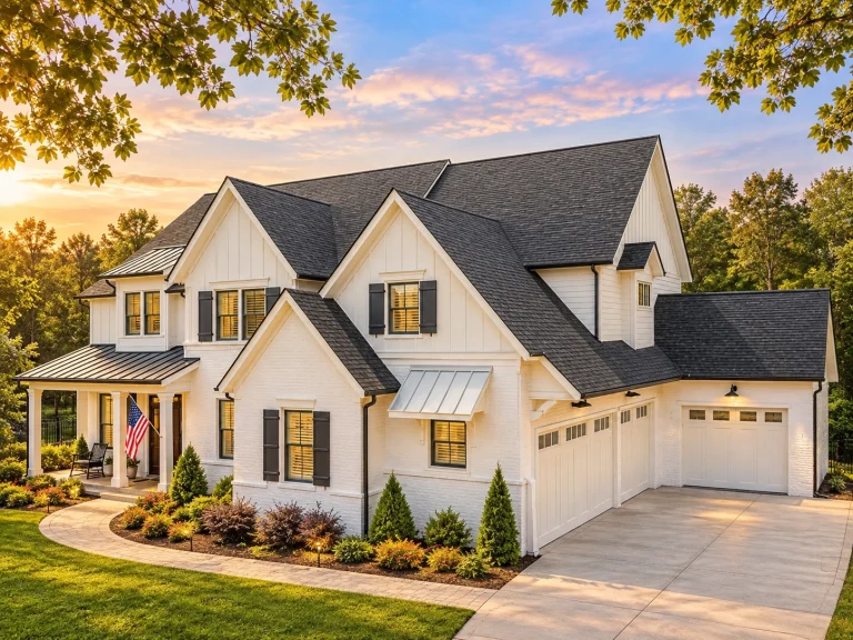 Front elevation of a New American style home featuring board-and-batten siding, painted brick exterior, gabled rooflines, and an attached garage