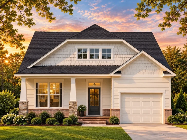 Front elevation of a Craftsman Cottage style home featuring horizontal siding, stone accents, front porch columns, and a compact suburban layout