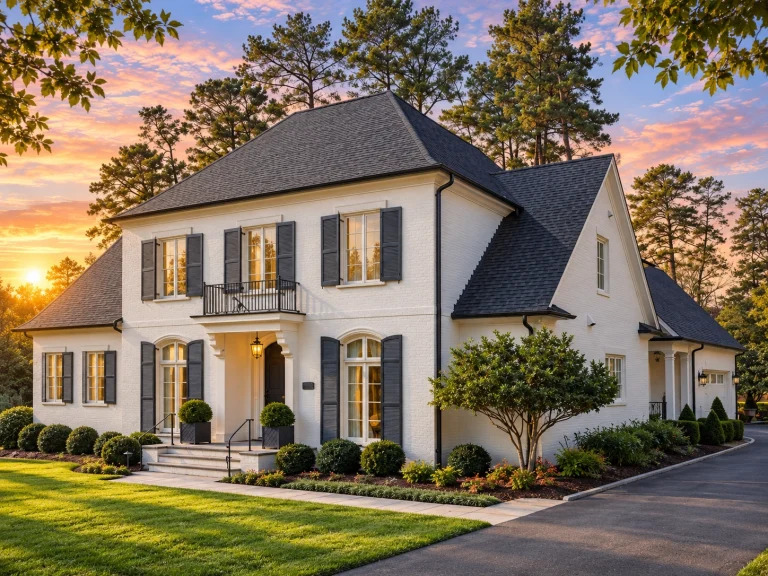Front elevation of Georgian Colonial style home with painted brick exterior, black shutters, arched entry, and symmetrical windows