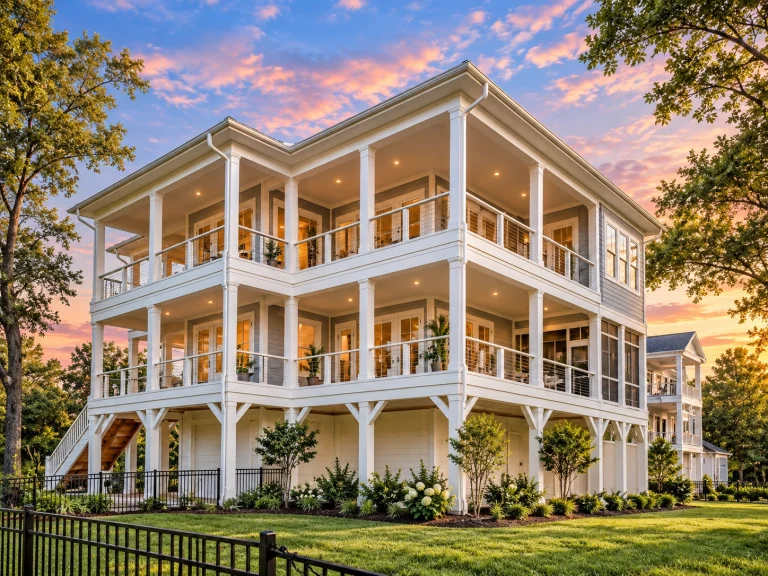 Elevated Coastal Low Country style house with double wraparound porches, lap siding, and classic Southern columns