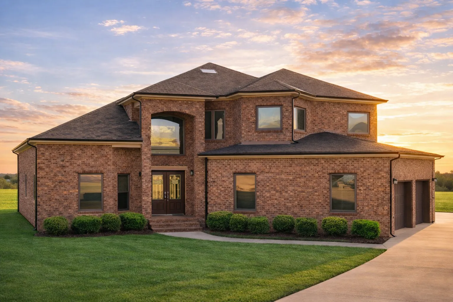 Front view of a two-story Traditional Brick home with transitional architectural details and a welcoming arched entryway