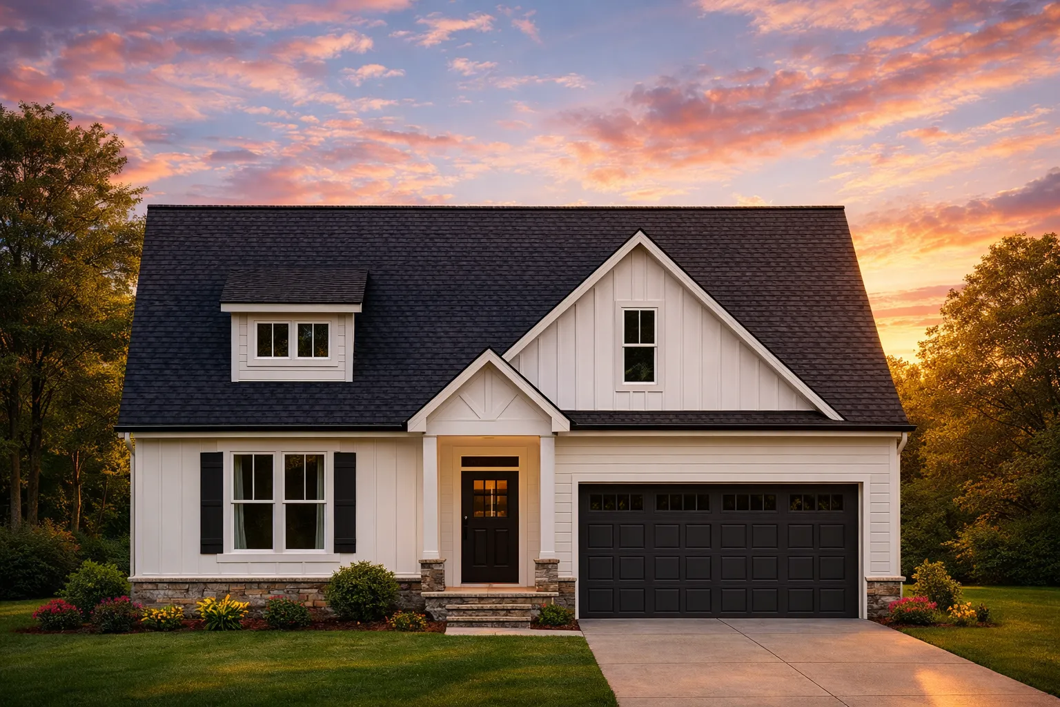 Front elevation of a Modern Farmhouse style home featuring board and batten siding, gabled roof, black garage doors, and welcoming covered porch
