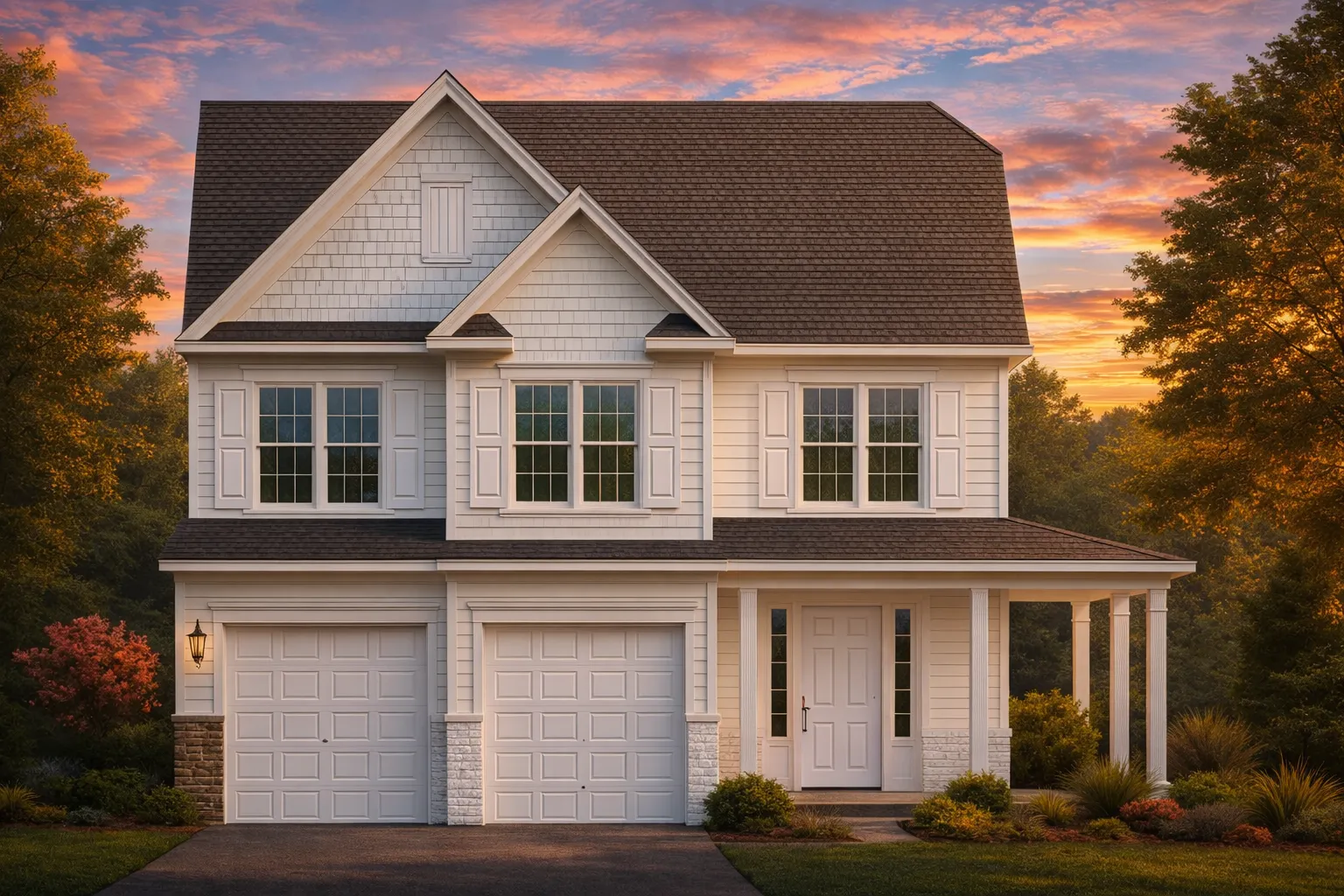 Front elevation of a Traditional Colonial style home with horizontal lap siding, symmetrical windows, covered front porch, and two-car garage