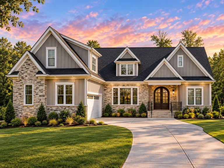 Front elevation of a New American style home featuring board and batten siding, stone exterior accents, gabled rooflines, and an inviting covered entry