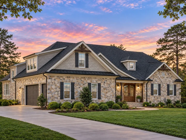 Simple House Plans 14 Front elevation of a Traditional Craftsman home featuring stone masonry, horizontal siding, arched entry, and gabled rooflines