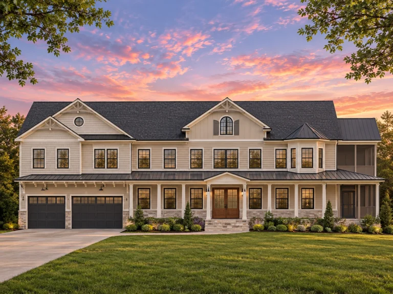 Front elevation of a large Colonial Revival style home with symmetrical façade, horizontal siding, stone foundation accents, and attached garage