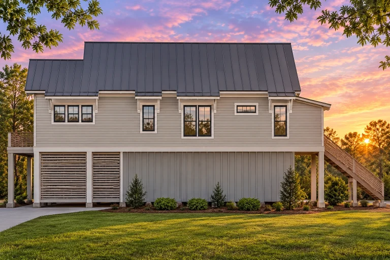 House Plans with Second Floor Laundry Room 19 Elevated Coastal Farmhouse carriage house with board and batten siding, metal roof, exterior stairs, and garage-level living space