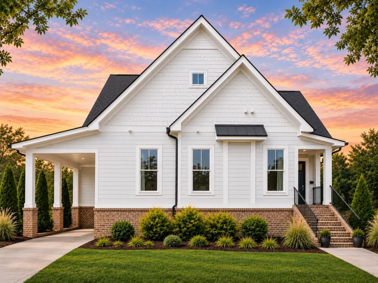 Front view of a Modern Farmhouse with Craftsman details featuring blue horizontal siding, board and batten gables, brick foundation, and a welcoming covered porch entry