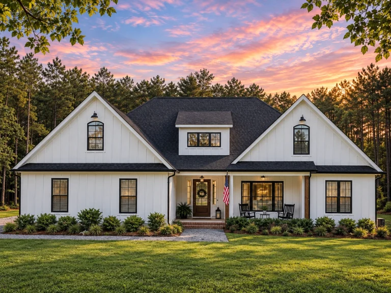 Front view of a Traditional Transitional Ranch home featuring lap and shingle siding, stone foundation accents, wood shutters, and a covered entry with columns.