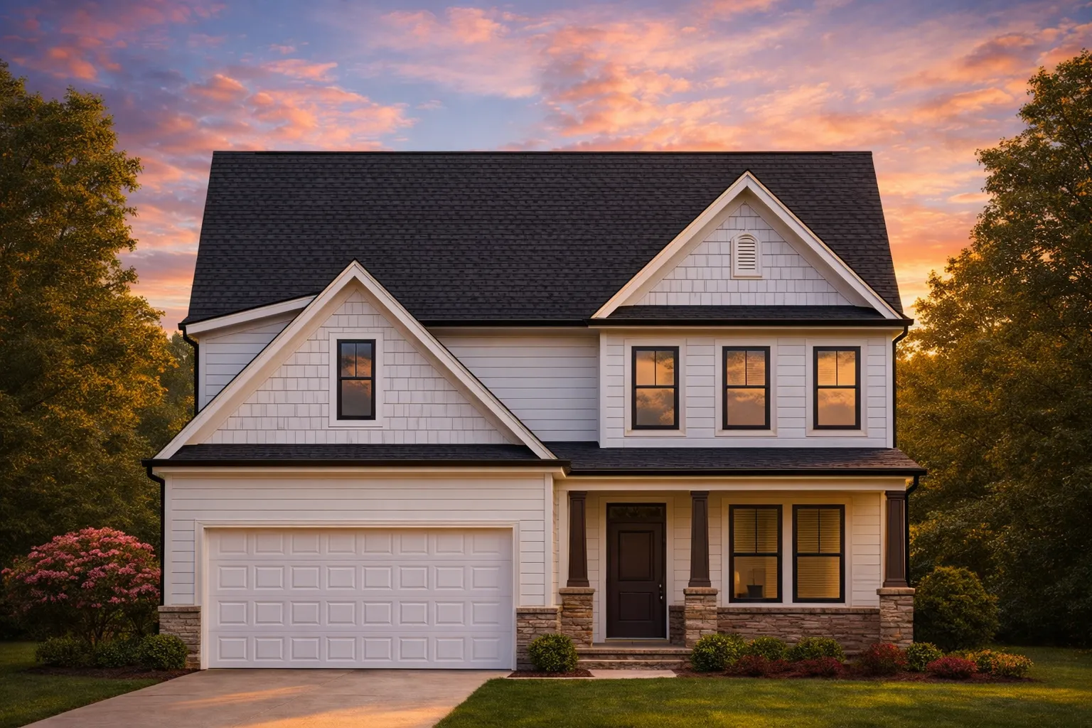 Front elevation of a New American style two-story house featuring horizontal siding, shingle gables, stone accents, and an attached garage