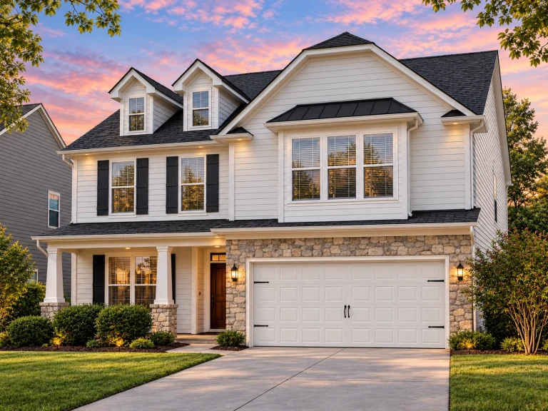 House Plans with Home Bar 2 Front elevation of a New American style suburban home featuring horizontal lap siding, stone veneer accents, and a two-car garage