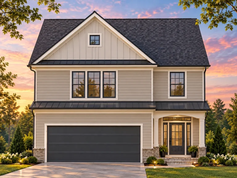 House Plans with Terrace 7 ElegantFront elevation of a Traditional Colonial home featuring white siding, brick veneer, black shutters, and a gable roof design 2-Story House Plan with Craftsman-Inspired Design
