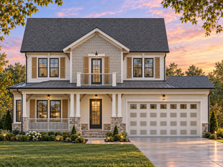 Traditional Ranch House Plans 23 Front view of a Traditional Colonial style two-story home featuring a mix of lap siding, shake siding in the gable, and stone veneer base with black shutters and covered porch.