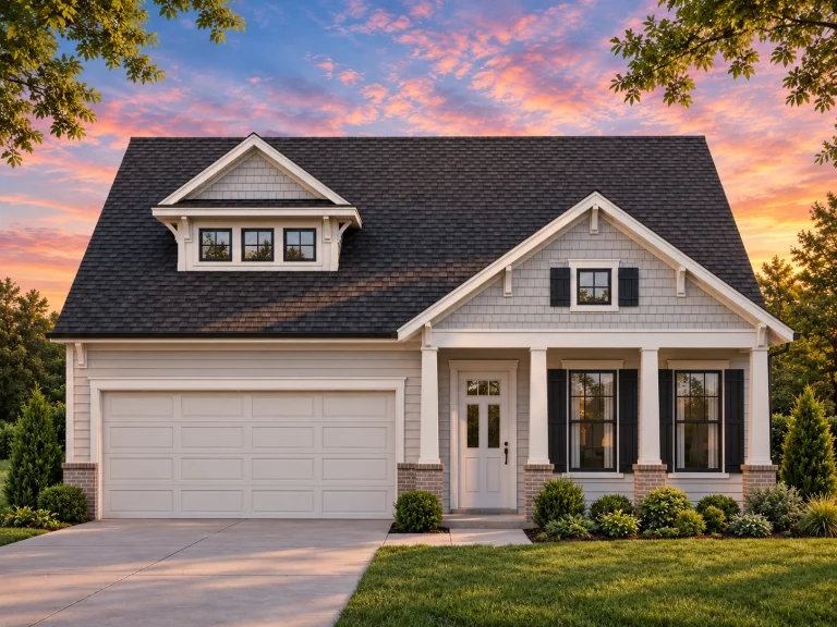 Front elevation of a Traditional Craftsman style house with horizontal siding, stone accents, gabled roof, and covered porch