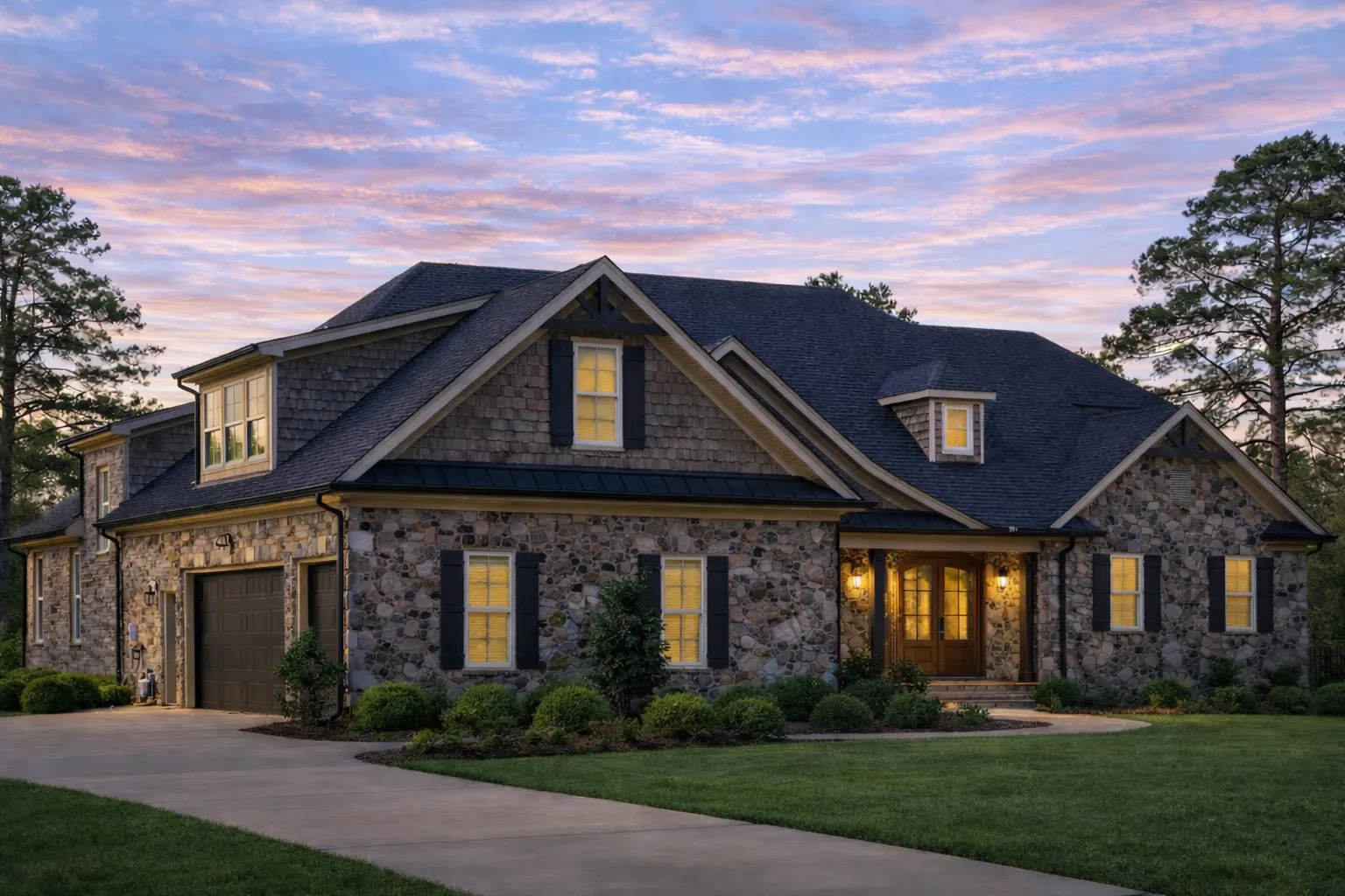Front elevation of a Traditional Craftsman home featuring stone masonry, horizontal siding, arched entry, and gabled rooflines