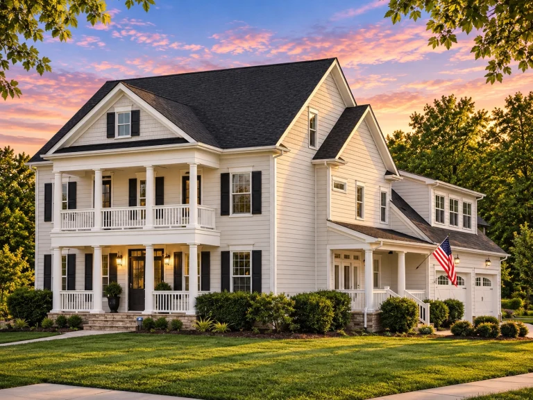Front elevation of a Colonial Southern style home featuring white siding, black shutters, double front porch columns, and symmetrical architecture