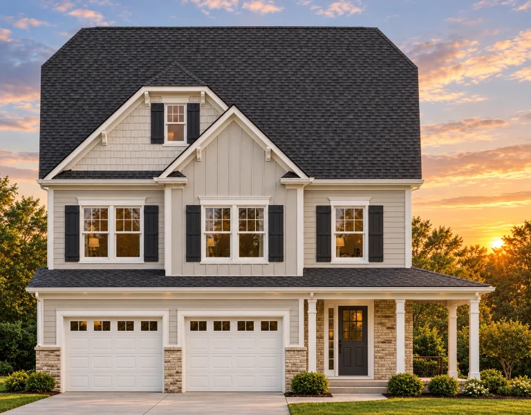 Front elevation of a Traditional Colonial style home with horizontal lap siding, symmetrical windows, covered front porch, and two-car garage