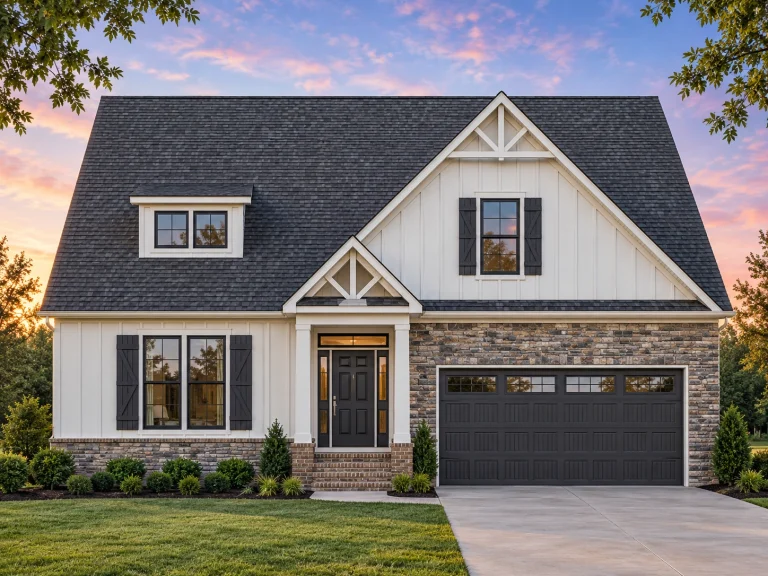 Front elevation of a Modern Farmhouse style home featuring board and batten siding, gabled roof, black garage doors, and welcoming covered porch