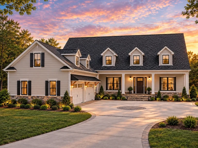 House Plans with Outdoor Kitchen 7 Front elevation of a Cape Cod style home with New American influences, featuring white horizontal siding, dormer windows, symmetrical facade, and welcoming front entry