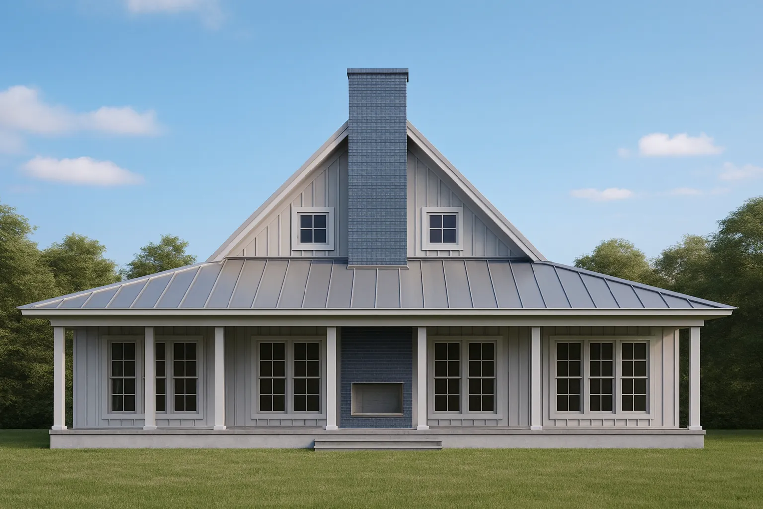 Front view of a Modern Farmhouse Cottage featuring classic board and batten siding, black shutters, and a wide covered porch surrounded by greenery
