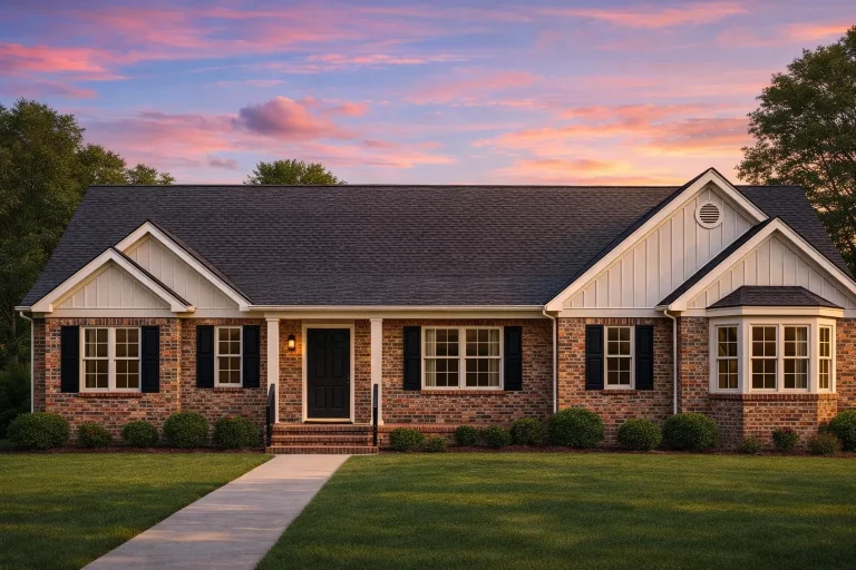 Front elevation of a Traditional Ranch style home with red brick exterior, board and batten gables, symmetrical windows, and simple covered entry