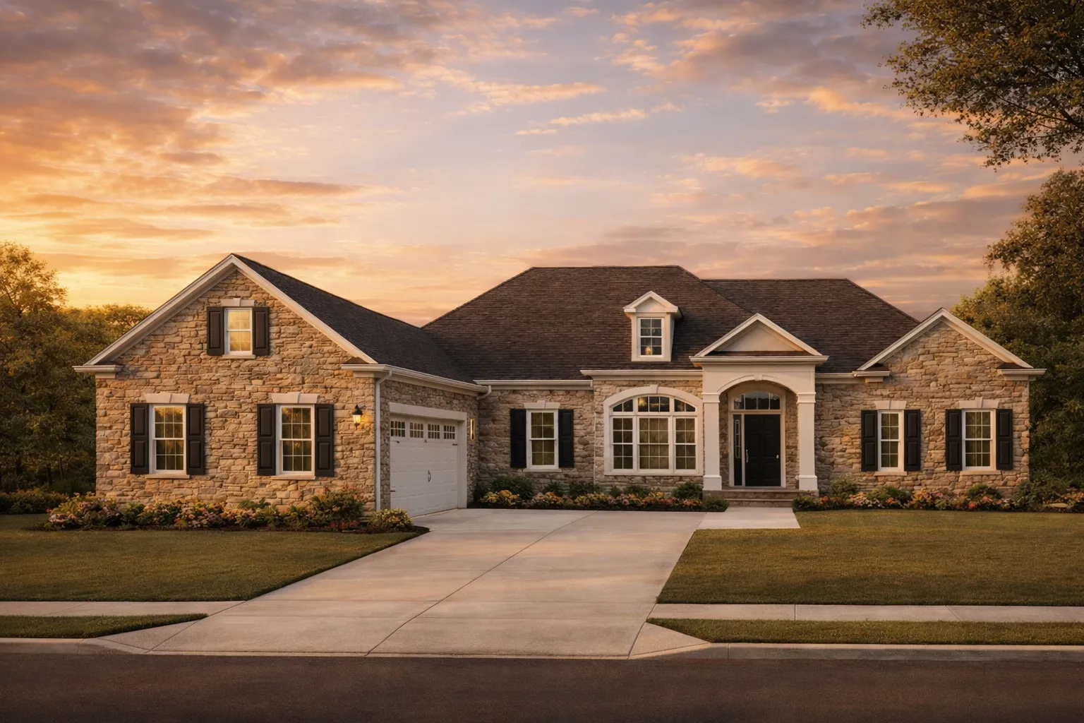 Front elevation of a Traditional Ranch style home featuring a full stone exterior, arched entryway, and symmetrical windows