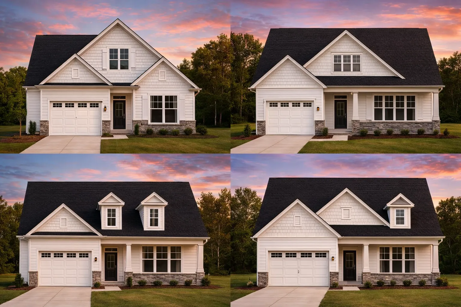 Front view of a Traditional Craftsman New American home featuring fiber cement lap and shingle siding with stone wainscoting accents