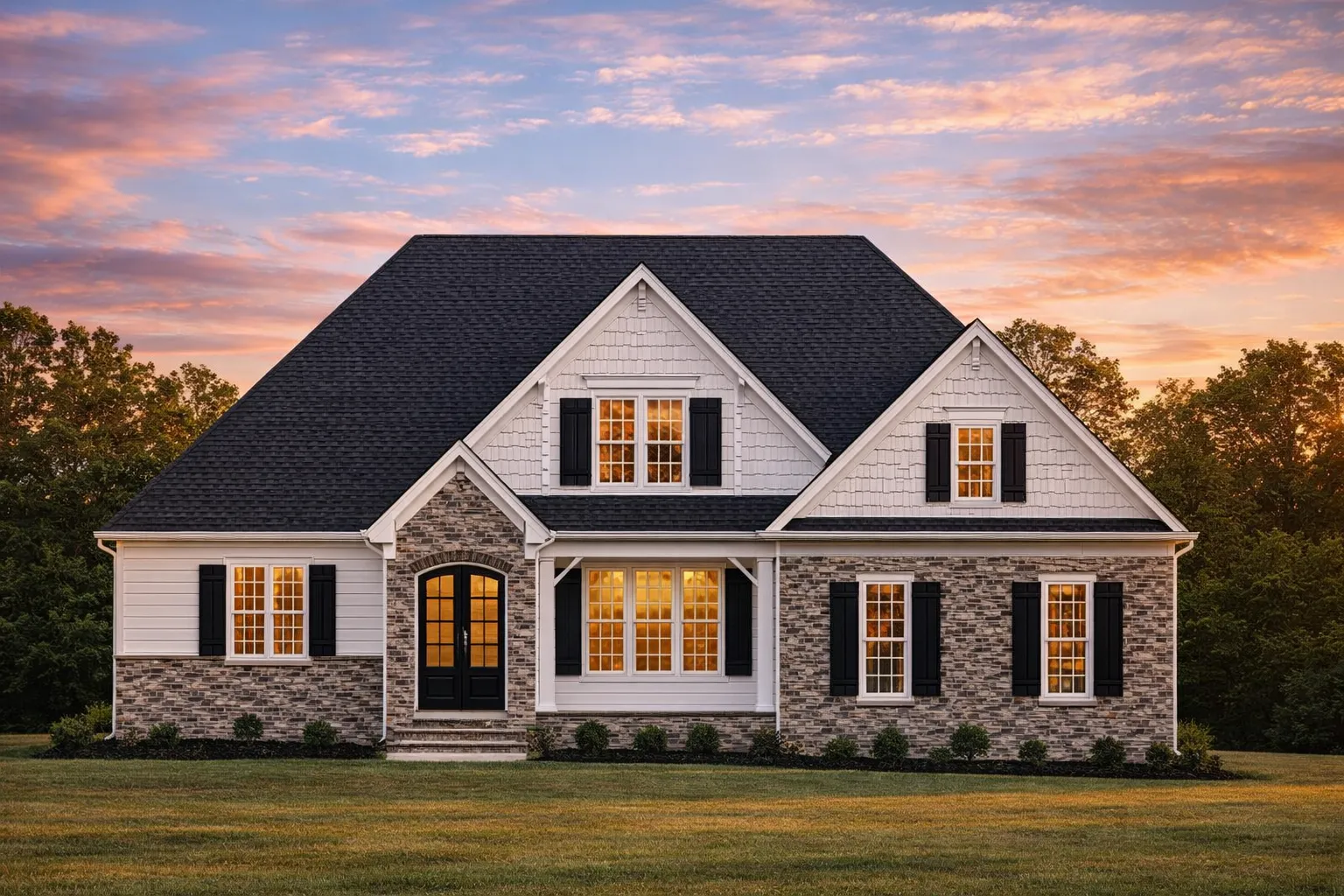 Front elevation of a Traditional Neo-Colonial style home featuring red brick exterior, symmetrical windows, and classic gabled rooflines