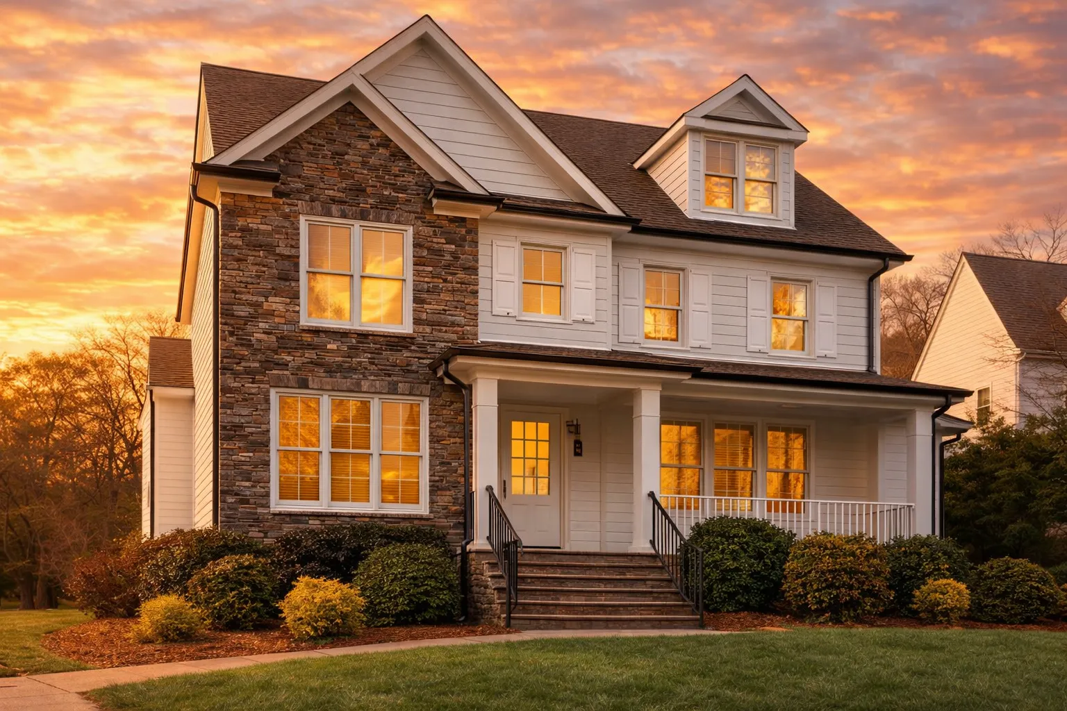 Front exterior view of a Modern Traditional New American house with stone accents, horizontal siding, and covered front porch