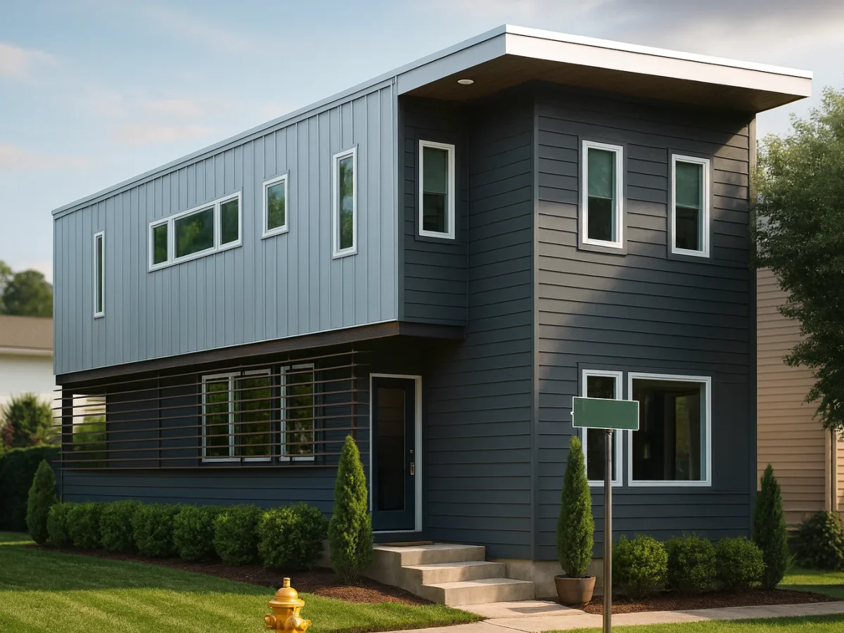 4 Bedroom House Plans 2 Front view of a modern contemporary house featuring metal panel siding above horizontal lap siding with clean geometric lines