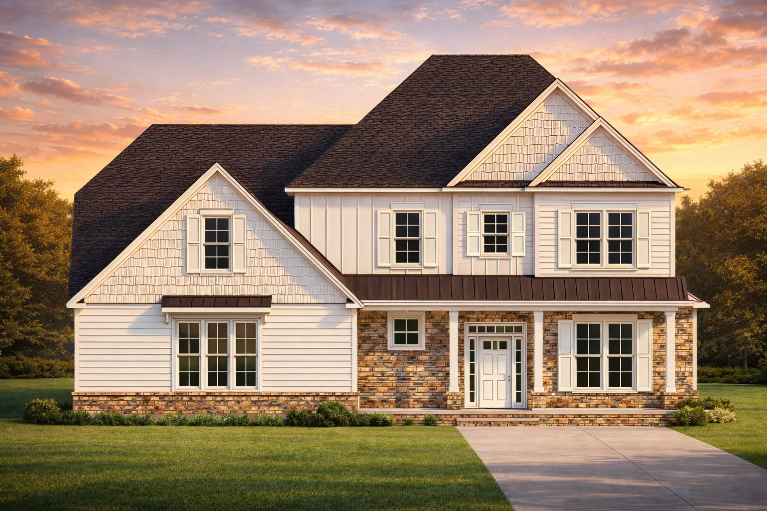 Front elevation of Traditional Colonial home with horizontal lap siding, stone veneer base, symmetrical windows, and gabled roof