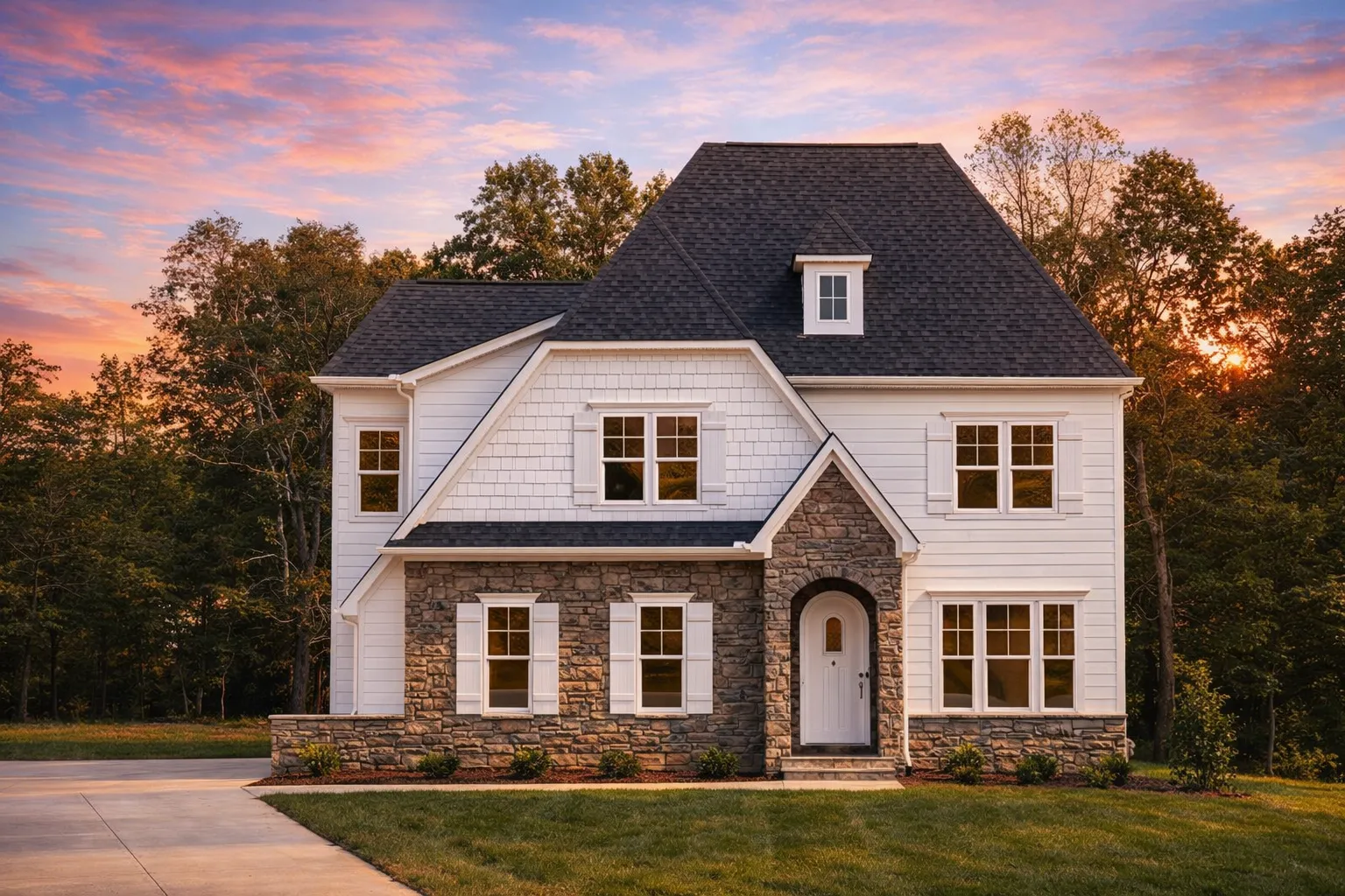 Front elevation of a Traditional Colonial style home featuring lap siding, stone entry, shingle accents, and symmetrical windows
