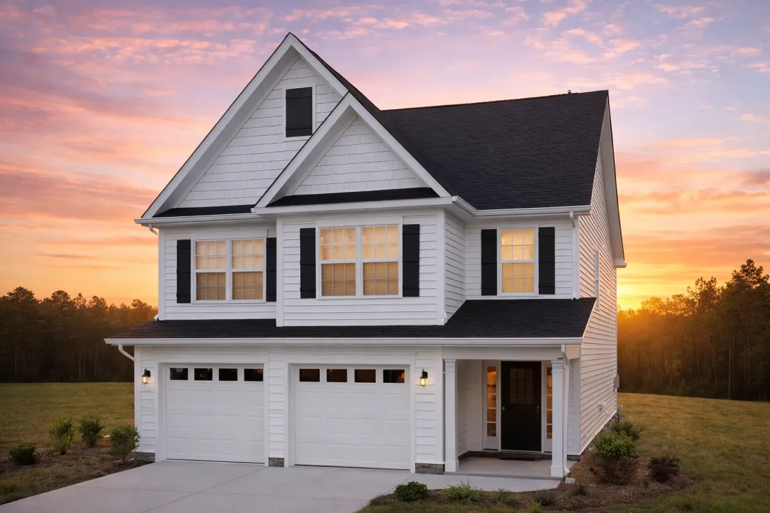 Front elevation of Traditional Suburban two-story home with horizontal lap siding, shake gable accents, covered porch, and two-car garage