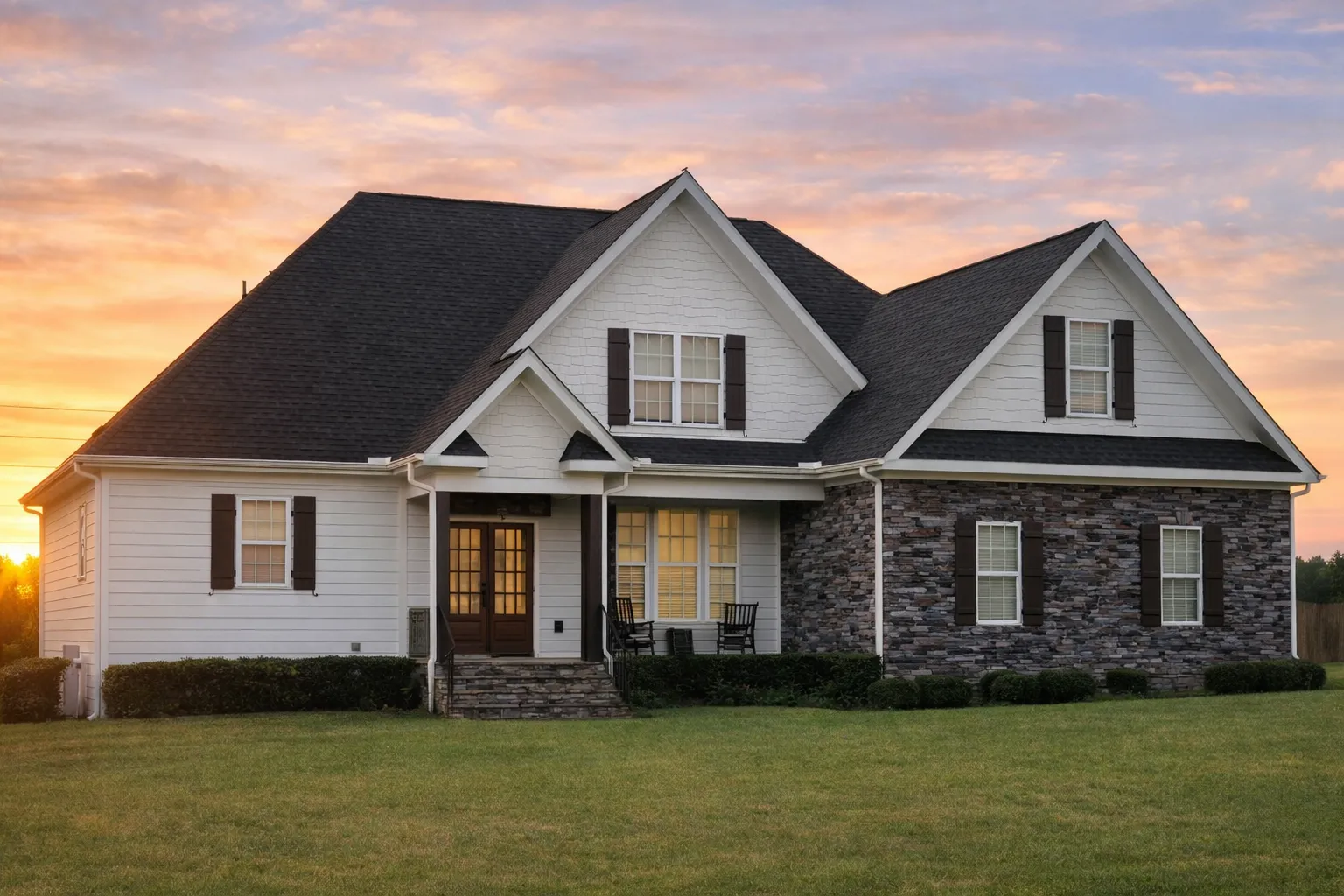 Front elevation of a Traditional Neo-Colonial style home featuring red brick exterior, symmetrical windows, and classic gabled rooflines