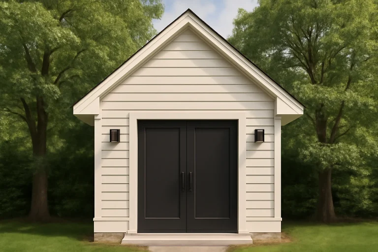 Front view of a Cottage style outbuilding featuring traditional horizontal lap siding and double entry doors framed by modern wall sconces