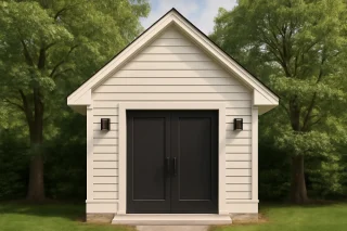 Front view of a Minimal Traditional cottage-style outbuilding featuring double doors, clean horizontal siding, and simple modern farmhouse detailing