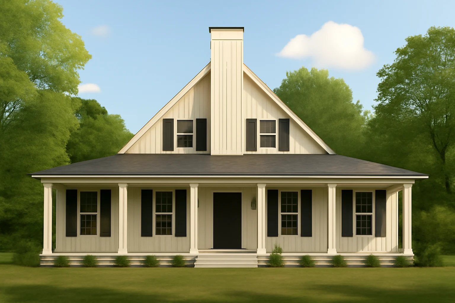 Front view of a Modern Farmhouse Cottage featuring classic board and batten siding, black shutters, and a wide covered porch surrounded by greenery