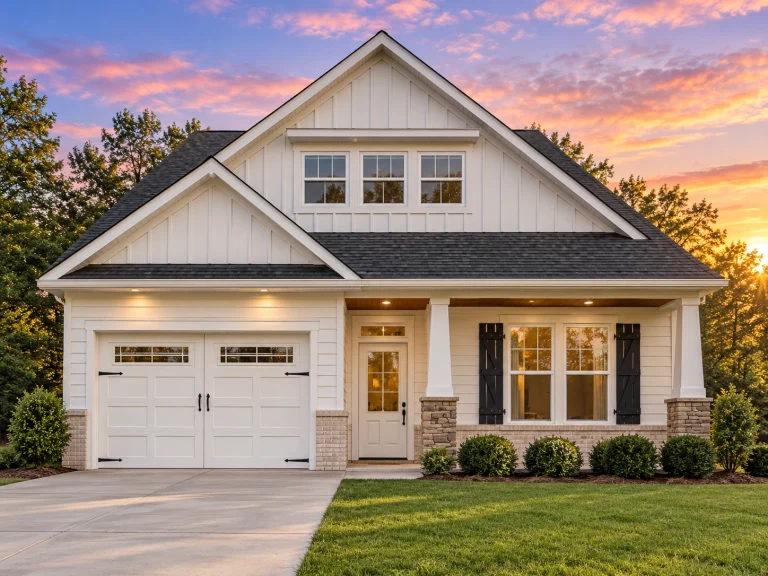 Front view of a Traditional Craftsman New American home featuring fiber cement lap and shingle siding with stone wainscoting accents