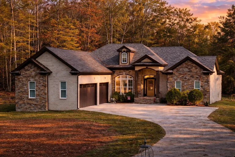 Front elevation of a Traditional Ranch style home featuring a full stone exterior, arched entryway, and symmetrical windows