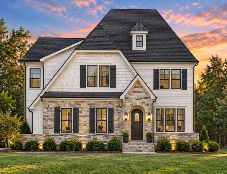 Front elevation of a Traditional Colonial style home featuring lap siding, stone entry, shingle accents, and symmetrical windows