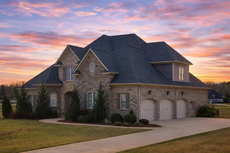Front elevation of French Country style home with full stone exterior, steep hipped roof, arched entry, and three-car garage