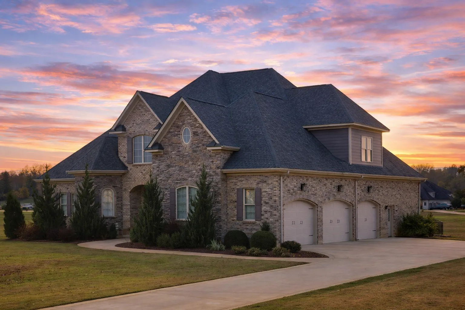 Front elevation of French Country style home with full stone exterior, steep hipped roof, arched entry, and three-car garage