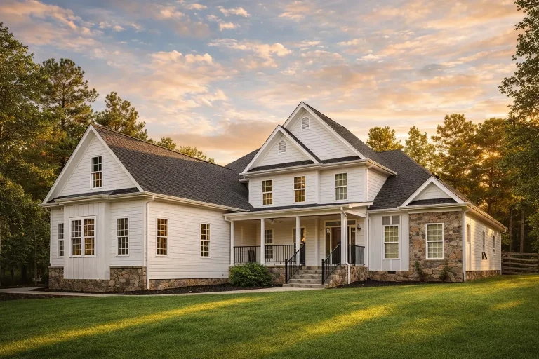 Front exterior view of a New American modern traditional house with horizontal siding, stone accents, gabled rooflines, and a welcoming covered porch